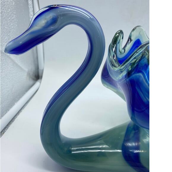 Vintage Art Glass Sooner‎ Blue Swirl Murano Style Hand Blown Swan Bowl Dish - Picture 3 of 8